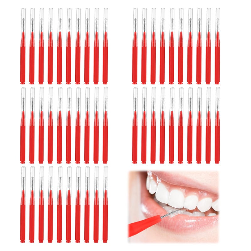 Interdental Brushes Red, 50 Pcs Mini Interdental Brushes Red, Teepees Dental Brush, Oral Hygiene Tools for Dental Care with Interdentals Cleaning Heads, Designed for Cleaning Between Teeth